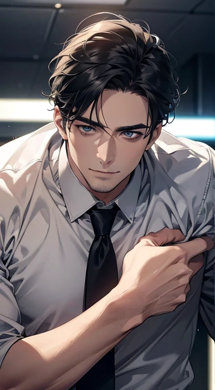 (best quality,4k,8k,highres,masterpiece:1.2),ultra-detailed,(realistic,photorealistic,photo-realistic:1.37),1 man,31 years old,mature man,very handsome,without expression,smile,short grey black hair,blue eyes,penetrating gaze,perfect face without errors,imposing posture,businessman,office background,cinematic lighting,hdr image