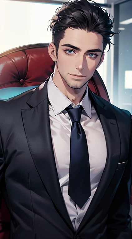 (best quality,4k,8k,highres,masterpiece:1.2),ultra-detailed,(realistic,photorealistic,photo-realistic:1.37),1 man,31 years old,mature man,very handsome,without expression,smile,short grey black hair,blue eyes,penetrating gaze,perfect face without errors,imposing posture,businessman,office background,cinematic lighting,hdr image
