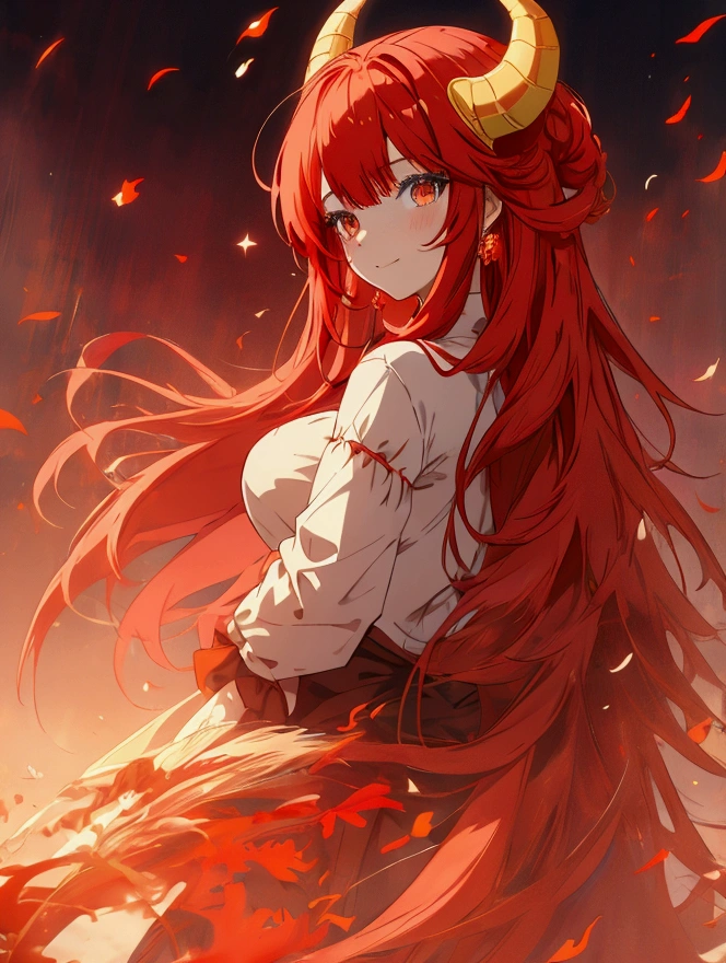 Anime Dragon girl. Red hair. Dragon horns and tail. standing on the hill. Soft smile. Red dragon wings.