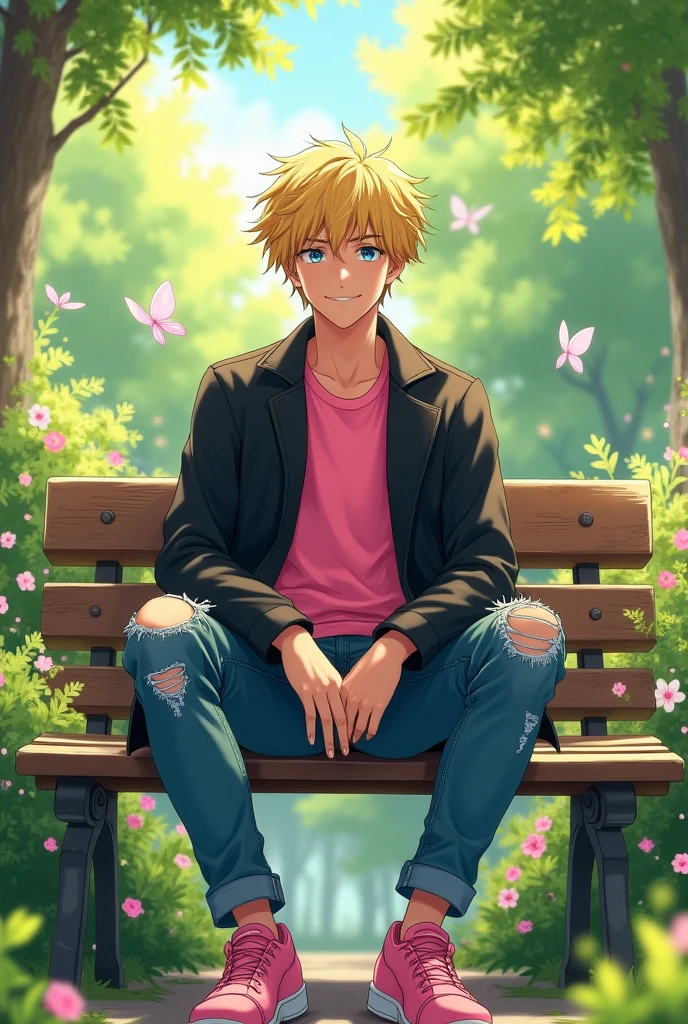 Hiro, young 19 year old sitting on a bench in a park wearing a pink shirt, Black jacke, jeans, pink shoe and blonde hair and blue eyes
