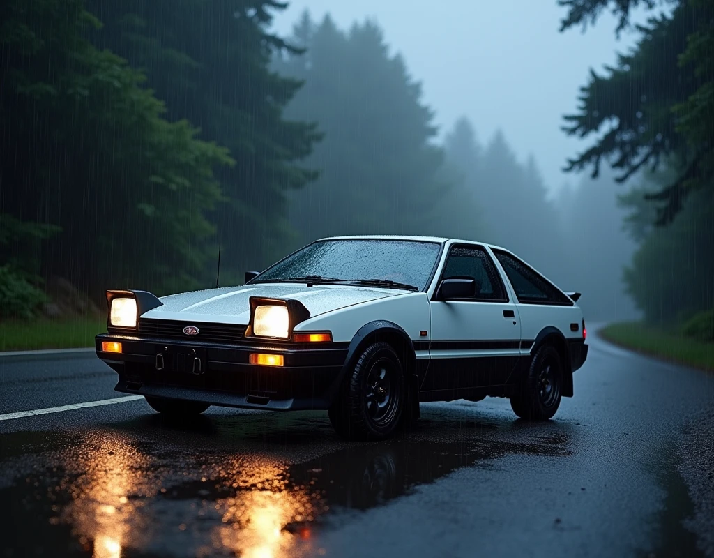 make a AE86 sprinter treuno parked on the side of the road in the rain, the car has a lot of rain water and it's a stormy night and it's a far view