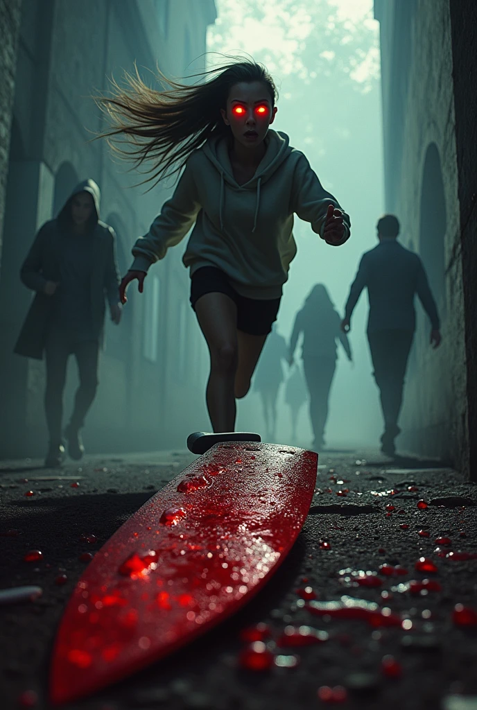 Book cover with the title "Bloody Betrayals" In Portuguese, with a woman running looking scared behind her and a large bloody knife in the middle. Suspense theme, gloomy air, 3d characters
