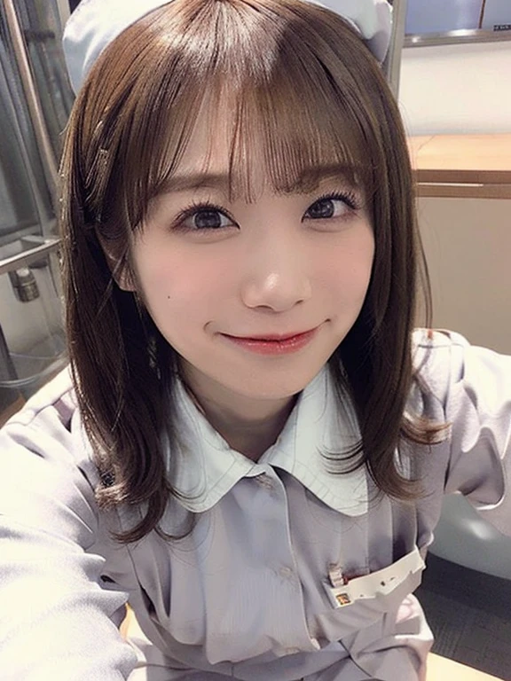 woman, alone, (Wearing white nurse clothes:1.2), (Bobcut), Shortcuts,bangs, Black Hair, nurse, Perfect Anatomy, nurse uniform, (Nurse cap), (White costume), Long skirt, hospital, Face close-up, smile, Close your mouth