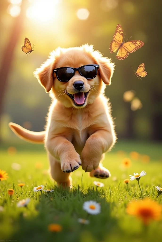 Yellow puppy with sunglasses with black hair on his head.
