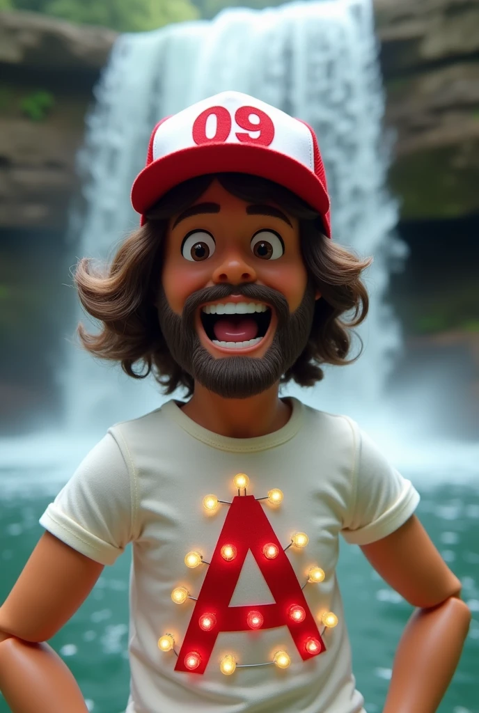 DJ doll with a cap with red 09 logo, light brown with a full medium beard, medium-length hair to the shoulders and with big brown eyes and an expression of happiness with both hands between the mouth screaming ahhhh , crooked teeth ,white t-shirt with capital letter A logo and light bulbs ,waterfall background image with a fall on rocks