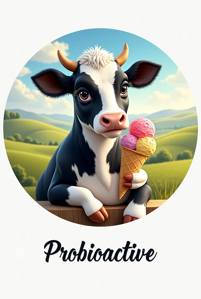 Beautiful, soft black and white cow with long eyelashes sitting with an ice cream cone.
The image should be round..
Below it should say Probioactive in italics