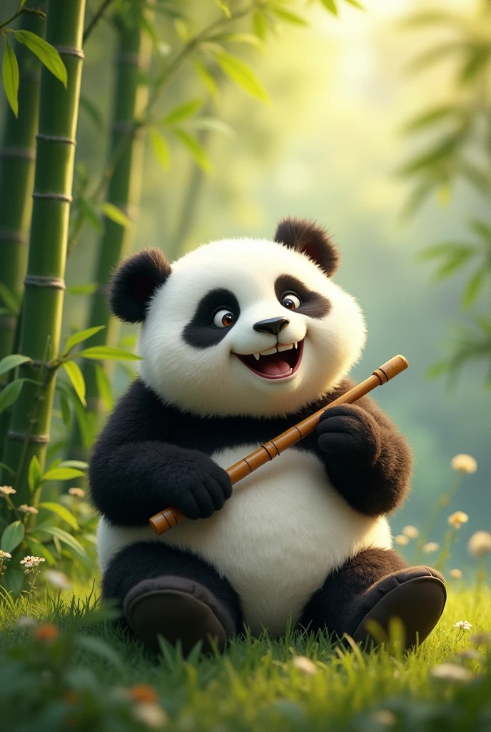 A chubby large jovial white man with very distinct panda-like features playing a recorder. More like a were-panda.