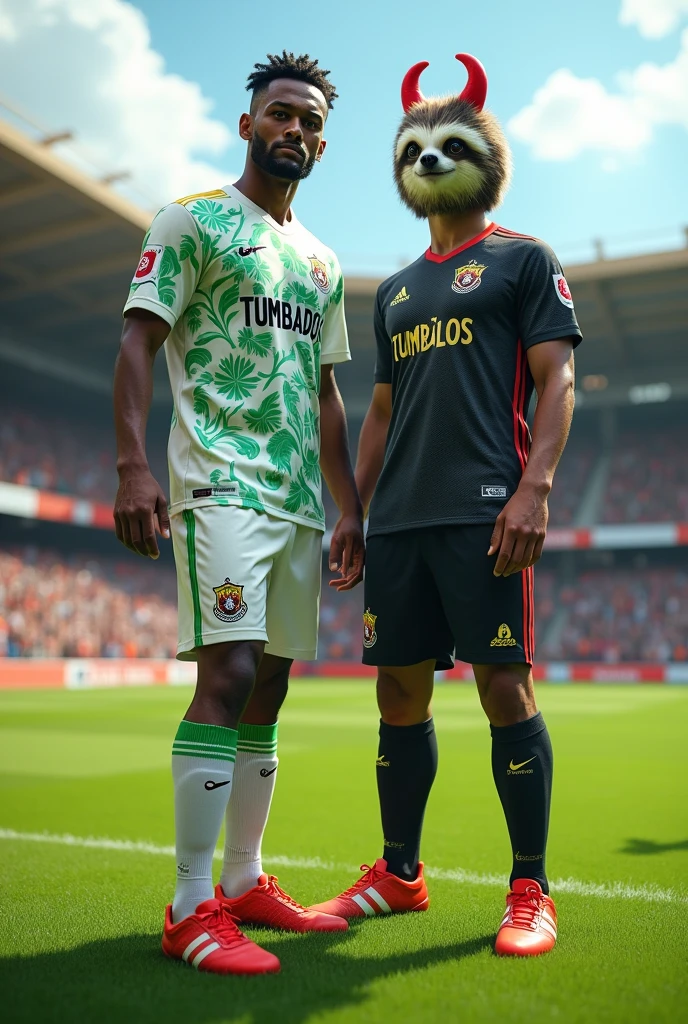 Create a home and away uniform for a soccer team with the word 'tumbados' and the color white, and a sloth and devil horns.