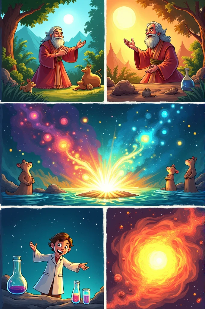 Create a cartoon with at least six panels comparing the origin of life according to religion versus science.