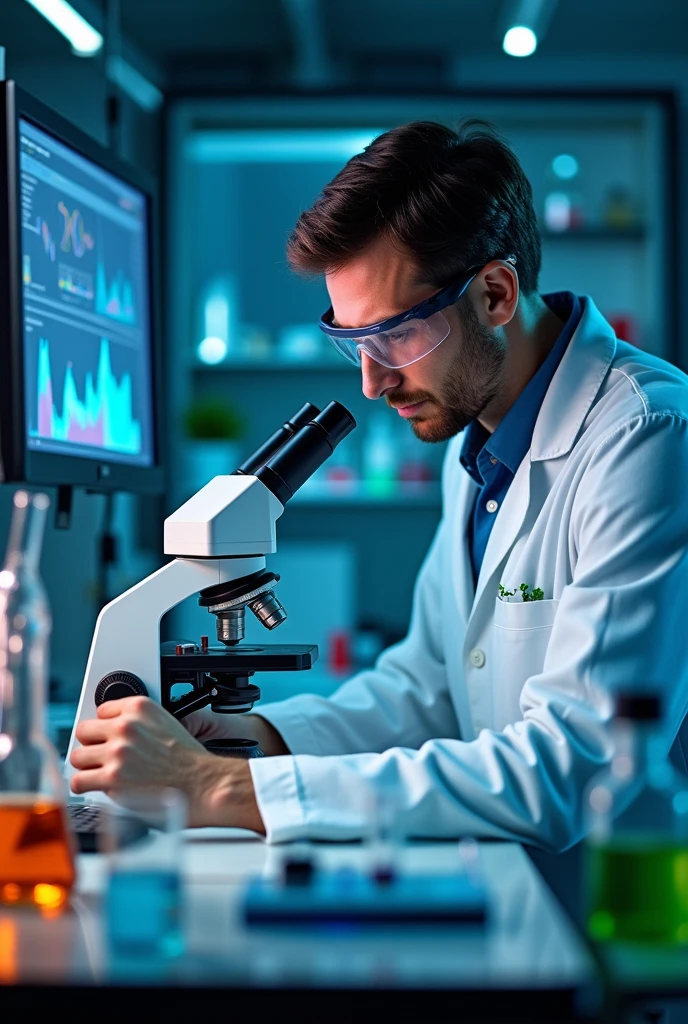 Create an image of a scientist in a laboratory, Working intensely to analyze a new disease. He's dressed in a white coat, Wearing protective glasses and examining samples under a microscope. The laboratory is equipped with glass flasks, Test tubes and advanced equipment. The scientist has an expression of focus and seriousness, With graphs and data visible on a computer screen in the background, Indicating the importance of their research and the search for answers.