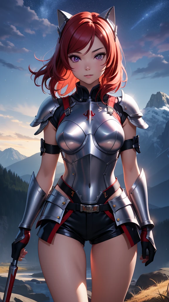 (masterpiece, 最high quality, high quality), In-person audience,Volumetric lighting, figure, beautiful, Perfect lighting, Perfect Shadow,nishikino maki , Cowboy Shot, (Silver Armor:1.2), Short shorts, Thighs, alone, (Are standing:0.8), Purple eyes ,Redhead ,In the mountains,Under the moonlight 