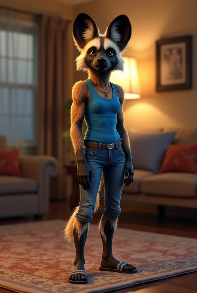 blue tank top, blue jeans, flip flops, anthro, African Wild Dog, pregnant, submissive, panting, shy, female, shaggy fur, thick fur, tail, beautiful eyes, perfect eyes, symmetrical eyes, (black retinas:1.2), detailed background, large Texas suburban background, inside, carpets, dusk, realistic, photorealistic, ultra realistic, 8k, (by blotch), looking away, finger pose,
