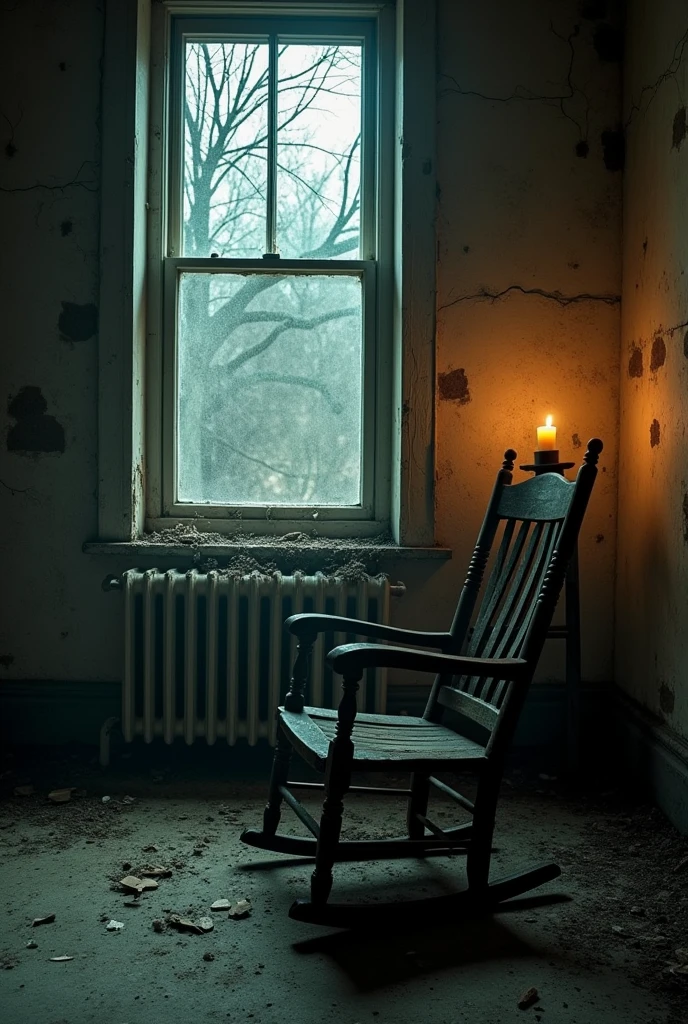 A wooden rocking chair in the middle of a room in an abandoned house on a very dark night