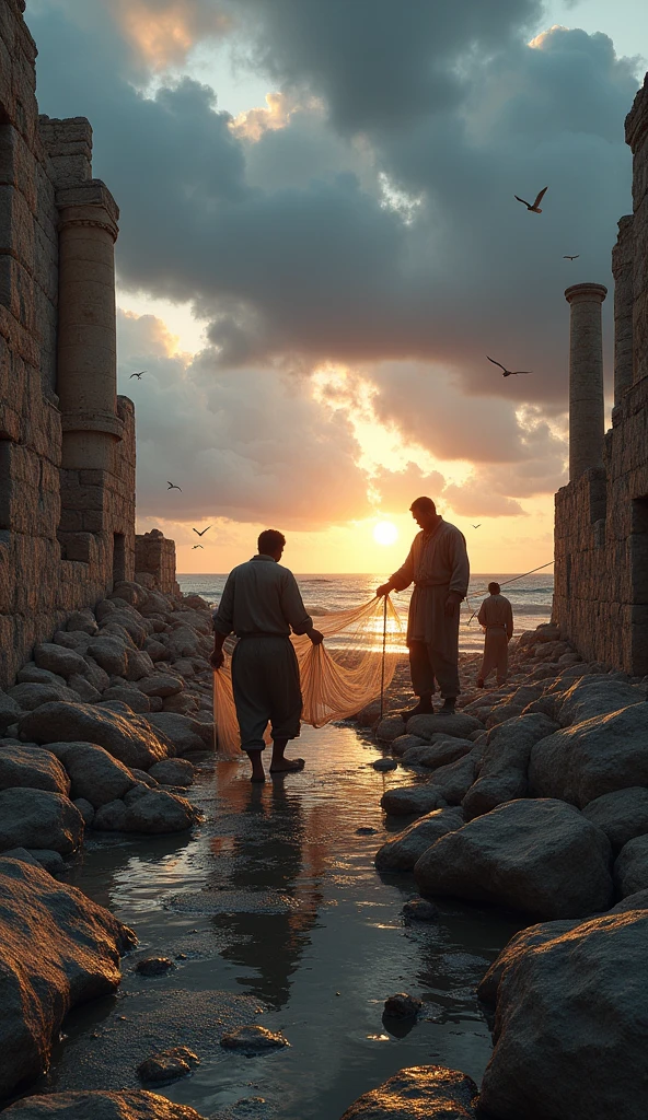 Ultra-realistic image in 8k " an image of the ruins of Tyre became a place where fishermen spread their nets, exactly as predicted.". The scene is dominated by a dark and cloudy sky, with the light of twilight illuminating the devastation."