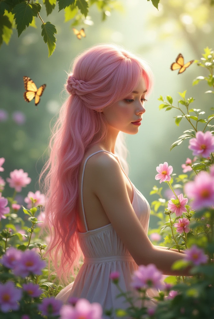 Naked Girl with Baby pink hair and smooth skin 