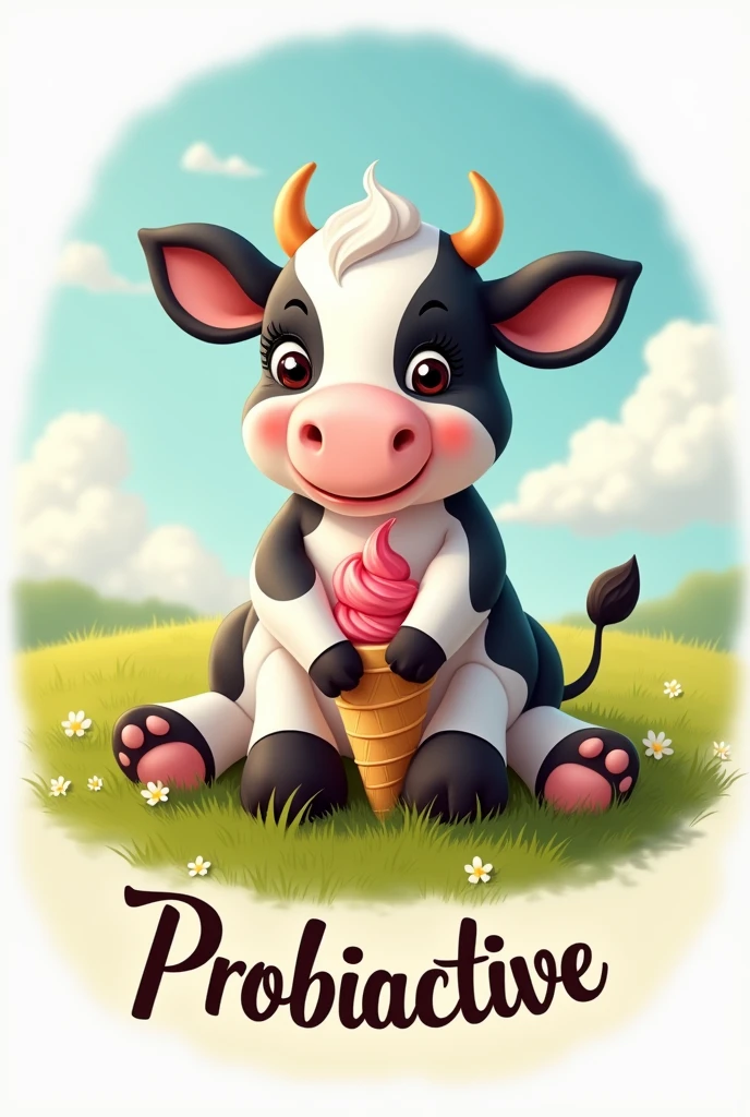 Beautiful, soft black and white cow with long eyelashes sitting with an ice cream cone.
The image should be round..
Below it should say Probioactive in italics