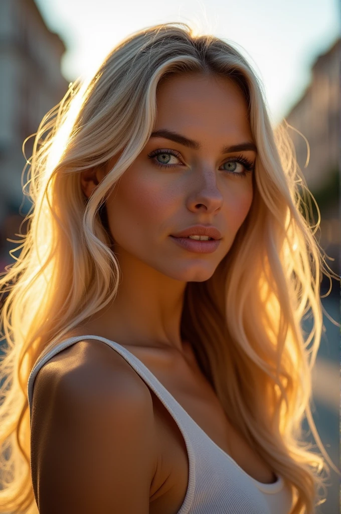 Create a blonde woman with blue eyes and long hair, fair skin and a well-defined face., be realist