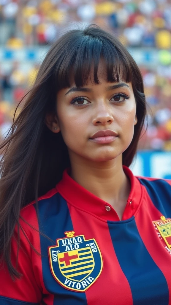 Make an image of a black brown skin,straight hair with bangs, with the shirt of the unbeatable Vitória organized fans..