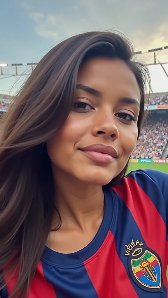 Make an image of a black brown skin,straight hair with bangs, with the shirt of the unbeatable Vitória organized fans..