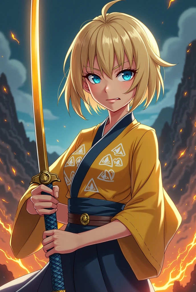 With the anime style of Demon Slayer, A blonde woman with short hair and blue eyes  He wears the demon slayer uniform with a yellow haori decorated with white triangles. 

A golden katana with a blue hilt and an angry expression.