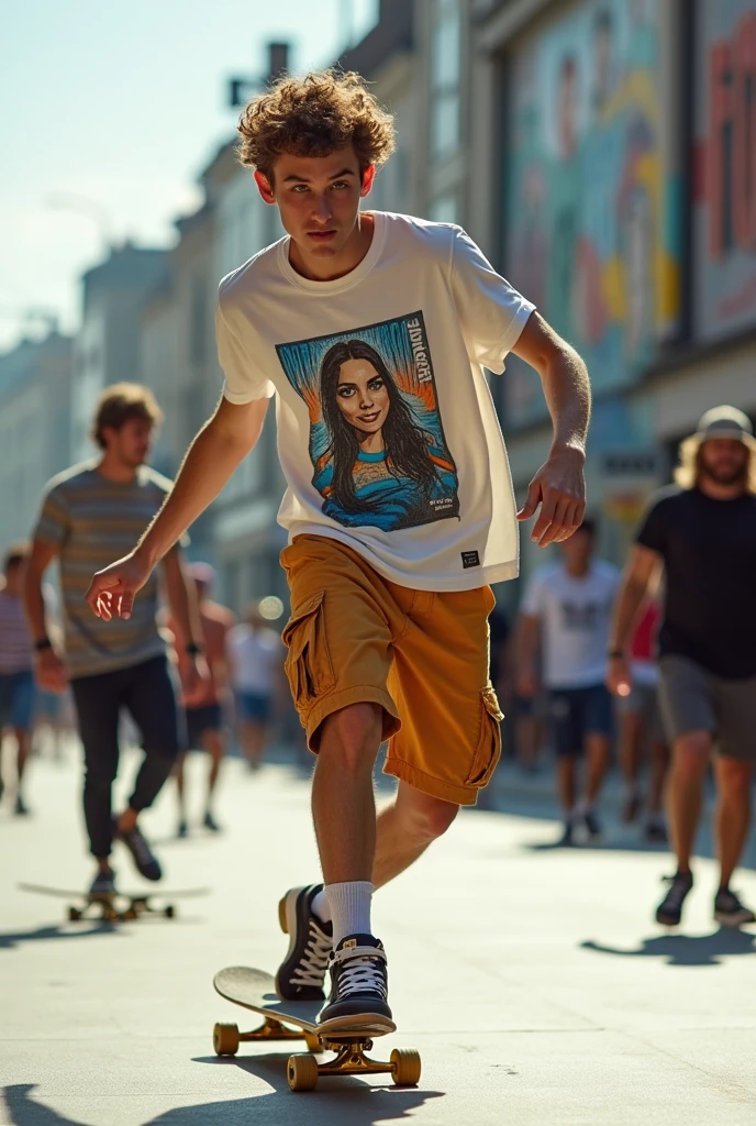 Draw a young adult skater, British man, com pele caucasiana, blue eyes and golden skates,skateboarding clothes