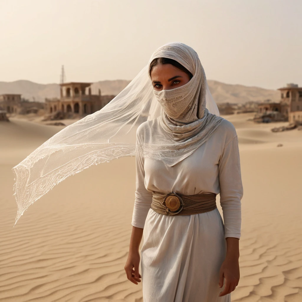 A woman and a monitor lizard held on a leash in a desert tormented by a sandstorm, she wears a ((simple transparent veil)) which covers her entire body and face as protection against the wind and the sand invading in large ocher swirls in tattered and worn, his face ((Europeanwhite)) obscured by part of its damaged veil. The environment is barren and desolate, with a warm, earthy color palette and a sense of oppression and decadence. The figures are stooped and tired, surrounded by the remains of an ancient, vanished civilization. The scene conveys a feeling of despair and lack of humanity, with characters trapped in a world that has fallen into ruin. 