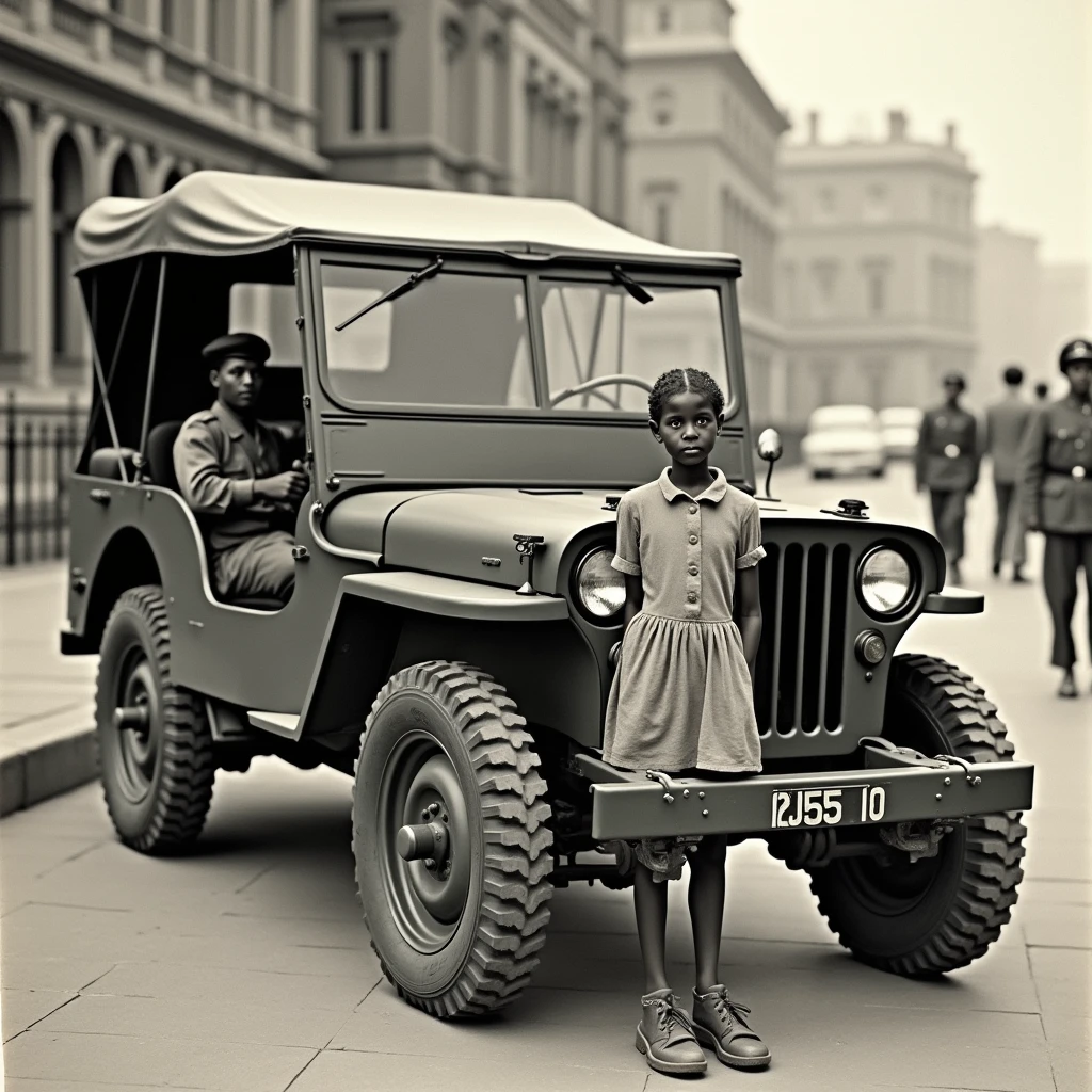 Photograph of a jeep from the 1950s, a soldier and a flower vendor girl,