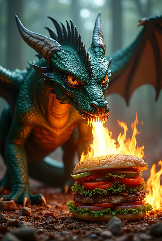 Can you make that same dragon a bit more serious next to the sandwich, spitting fire at it?