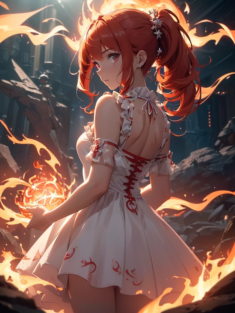 (((best quality, sharp image, clear image, cinematic lighting, 8k resolution, masterpiece, ultra detailed, intricate))) Girl, (((looking over right shoulder))), (shot from behind), ((half shot)), fiery red hair, pigtails, (white dress), ((flaming sigils, flaming runes)), spiky rock formations, flaming lotus flowers, busy background, (swirling flames).