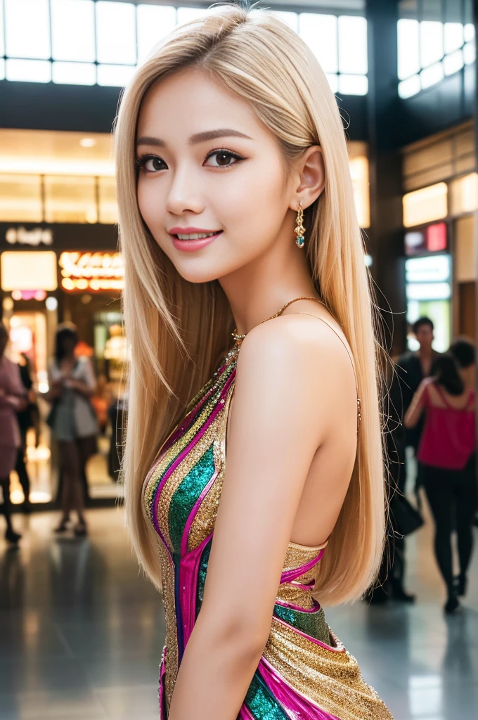 (masterpiece:1.4), (best quality:1.4), ultra high res, ultra high resolution, ((detailed facial features)), HDR, (realistic, photorealistic, photo-realistic:1.37), closeup, sexy seductive Thai woman, (seductive smile), long lashes, beautiful makeup, platinum blonde hair, fair skin, slender figure, elegant posture, wearing large sparkling colorful jewelery, wearing a business style leather dress, standing in a large shopping mall, gentle sunlight shining through the shopping mall windows, casting a soft glow on her face, adding warmth to the scene, vibrant colors, capturing the essence of vibrant city life, portrait style, showcasing her natural beauty and grace in a feminine way