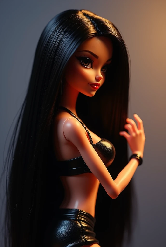 Bratz brunette long straight black hair, She touches it with her hand, She has black eyes with thick red lips and has many very long eyelashes., with a shiny black bra Standing looking in profile