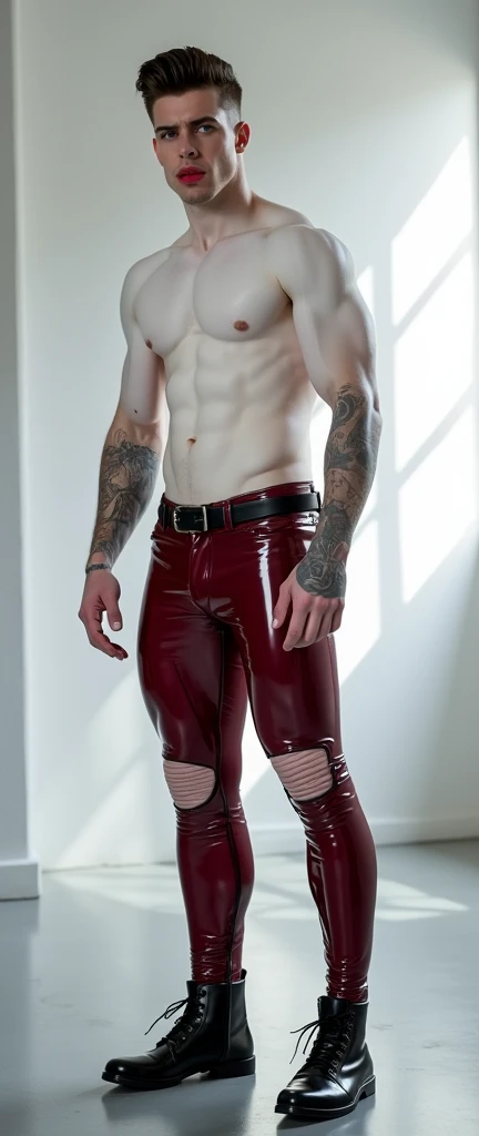 Fullbody standing picture of white skin Handsome muscular nude horny sexy gay man wearing skinny tight shiny maroon latex ripped tights, shiny black Disconnected Pompadour oiled hair style, blue eyes, shiny varnished black shoes, black belt, red lip, chain, tattoos, horny, cum shot, sperm, milking penis, very big penis, very big testicle, shiny oiled skin, orgasm, oversexed, masturbation, standing at white lighting show room.