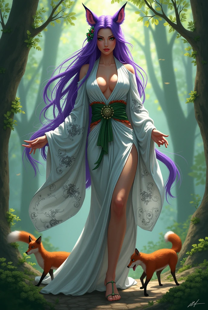 A fury, Long purple hair, her spirit animal is the fox, green eyes like plants, a revealing kimono.