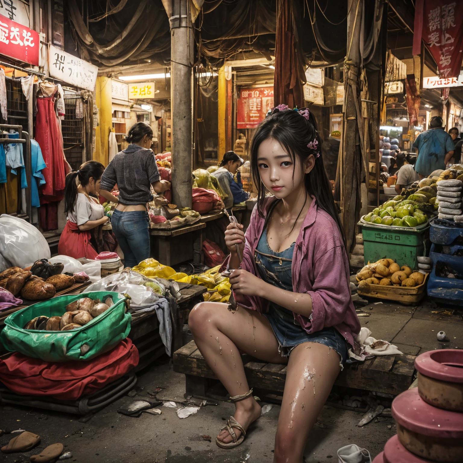 ((masterpiece、Highest quality))、Beautiful girls gather.、Girl in summer clothes、(Detailed and cute face:1.3)、(Poor conditions、Dim and unsanitary、Crumbling underground shopping mall、Showa Retro)、屋台のdiet店、stage、sewage、Dirty shop、street vendors、Unsanitary and abandoned city、smile、diet、Poor person々