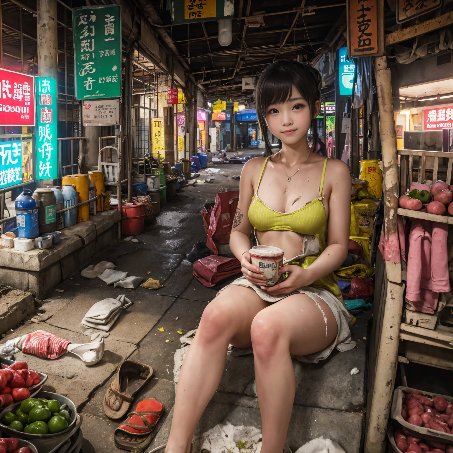 
((masterpiece、Highest quality))、Beautiful girls gather.、Girl in summer clothes、(Detailed and cute face:1.3)、(Poor conditions、Dim and unsanitary、Crumbling underground shopping mall)、屋台のdiet店、stage、sewage、Dirty shop、street vendors、Unsanitary and abandoned city、smile、diet、Poor person々