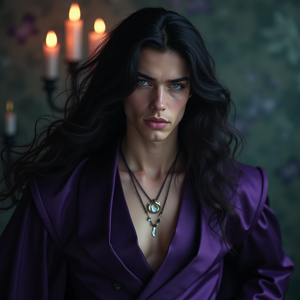 Male, sexy, long black hair, teal blue eyes, young, gothic, delicate features, no facial hair, no body hair, seductive, white and pale. Sexy pose. Purple and black. Sexy. Sexy pose. Seductive. Sensual. Mole under the left eye. The prince of Lust and desire. Ethereal