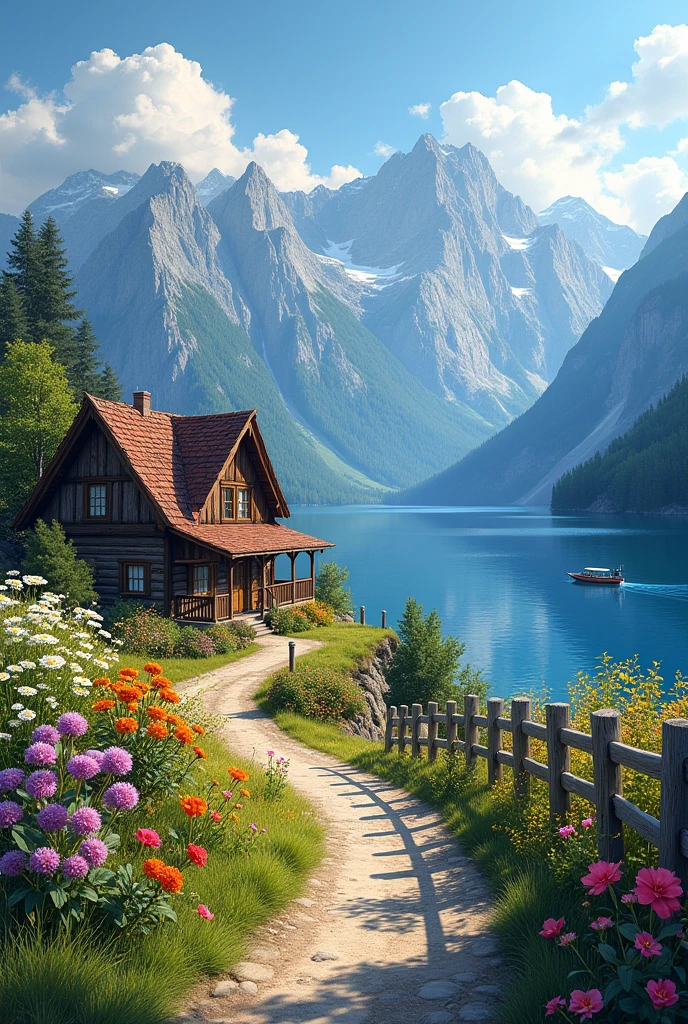 painting of a cottage, flowers beside of fence, fence along the road, mountain landscape with a lake and a boat, illustration matte painting, inspired by Thomas Kinkade, symmetric matte painting, detailed scenery , style raw, 8 k ultra detailed, environment design illustration, scenery art detailed, Seaside view, concept-art, 4k highly detailed digital art, 4 k digital painting, 4k digital painting, stunning digital illustration, Desert background, digital painting concept art, Detailed digital painting