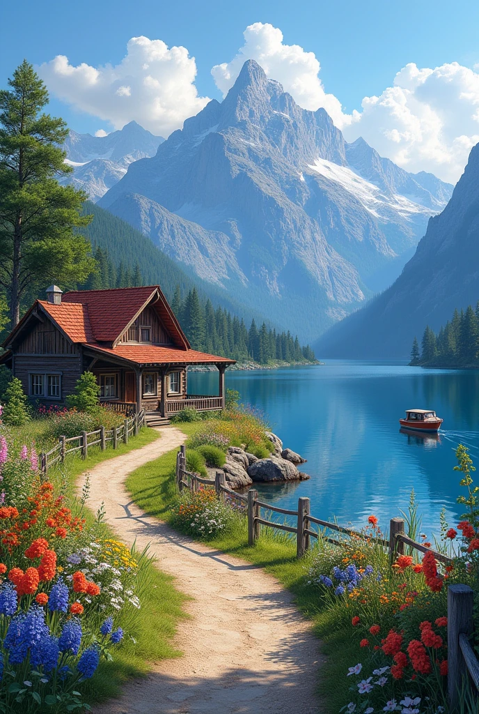 painting of a cottage, flowers beside of fence, fence along the road, mountain landscape with a lake and a boat, illustration matte painting, inspired by Thomas Kinkade, symmetric matte painting, detailed scenery , style raw, 8 k ultra detailed, environment design illustration, scenery art detailed, Seaside view, concept-art, 4k highly detailed digital art, 4 k digital painting, 4k digital painting, stunning digital illustration, Desert background, digital painting concept art, Detailed digital painting