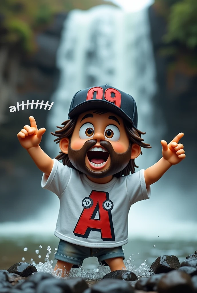 DJ doll with a cap with red 09 logo, light brown with a full medium beard, medium length hair to the shoulders and with large brown eyes and an expression of happiness with both hands between the mouth screaming ahhhhhh, toothless, white t-shirt with capital letter A logo and light bulbs ,waterfall background image with a fall on rocks