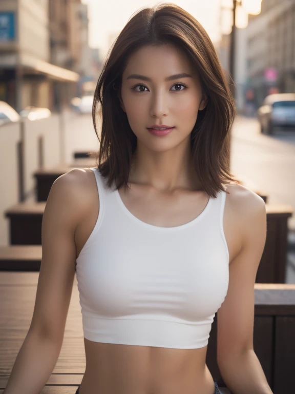 ((Realistic lighting, Highest quality, 8k, Tabletop:1.3)), Clear focus: 1.2, One Girl, Perfect Body Beauty: 1.4, Slim Abs: 1.1, ((Dark brown hair)), (White crop top: 1.4), (plein air, Seaside: 1.1), City streets, Very beautiful face, Beautiful Eyes, double eyelid, H black skinny yoga pants,Bursting breasts、Seductive pose、