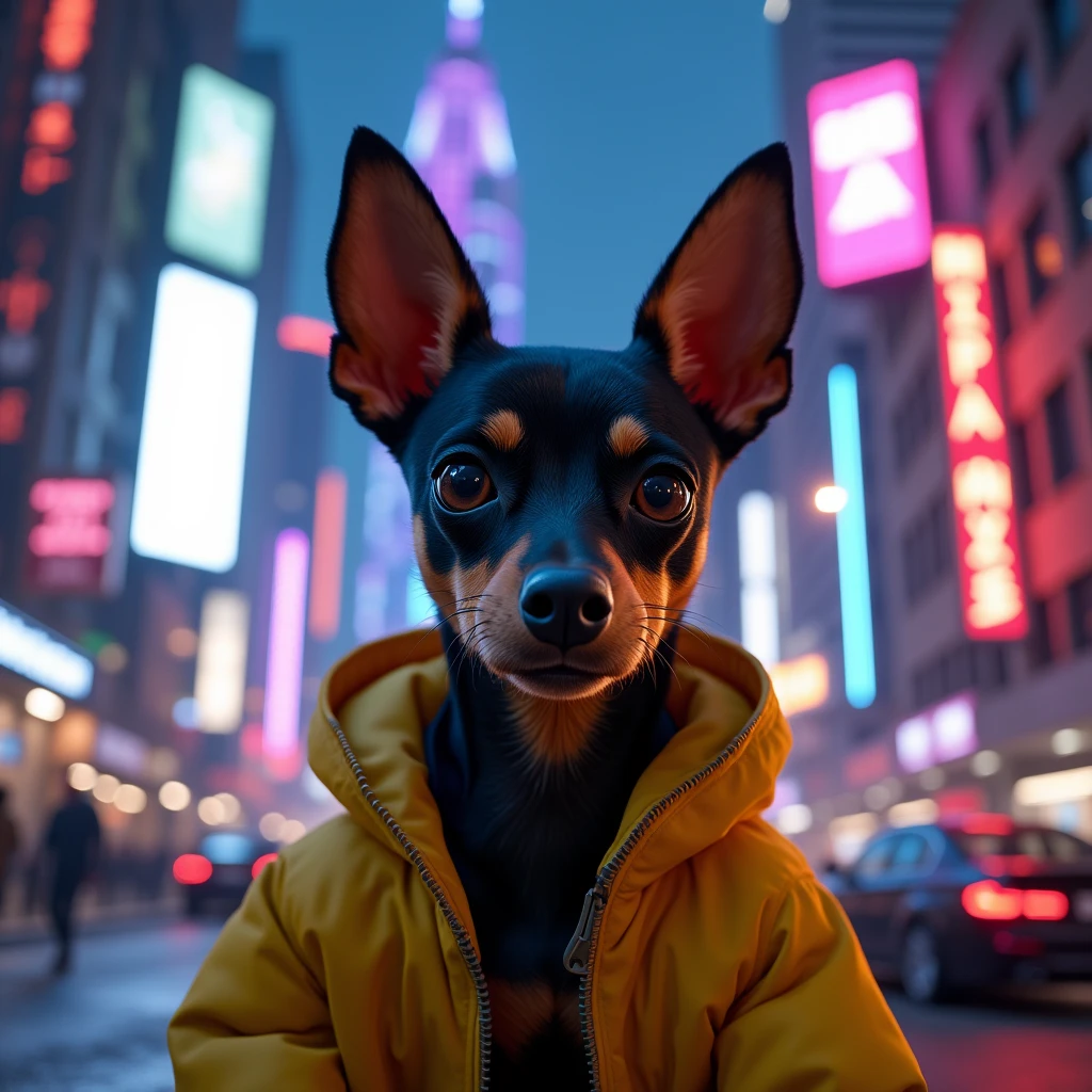 portrait of a small pinscher dog looking forward with david martinez&#39;s yellow jacket from cyberpunk 2077, em nightcity do jogo cyberpunk 2077