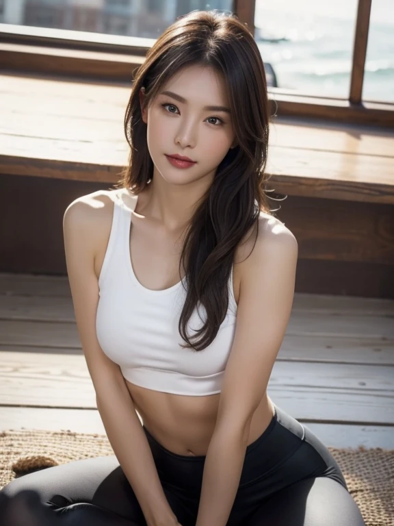 ((Realistic lighting, Highest quality, 8k, Tabletop:1.3)), Clear focus: 1.2, One Girl, Perfect Body Beauty: 1.4, Slim Abs: 1.1, ((Dark brown hair)), (White crop top: 1.4), (plein air, Seaside: 1.1), City streets, Very beautiful face, Beautiful Eyes, double eyelid, H black skinny yoga pants,Bursting breasts、Seductive pose、