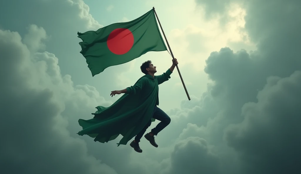 A Harry potter type figure of young man holding the flag of Bangladesh in the sky like playing quidditch. We don't see his face. We see his back. In the cloudy sky the flag is the bright ray of hope