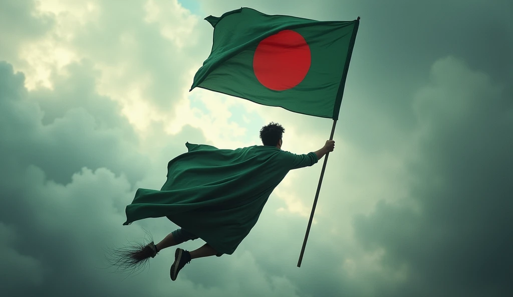 A Harry potter type figure of young man holding the flag of Bangladesh in the sky like playing quidditch. We don't see his face. We see his back. In the cloudy sky the flag is the bright ray of hope