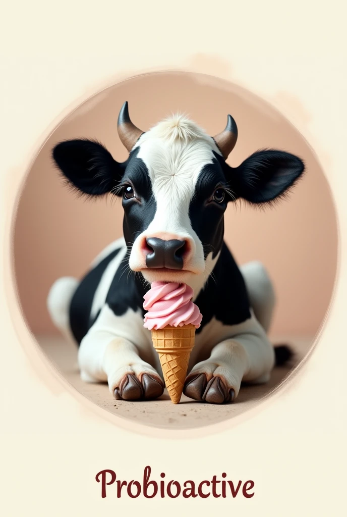 Beautiful, soft black and white cow with long eyelashes sitting with an ice cream cone.
The image should be round..
Below it should say Probioactive in italics