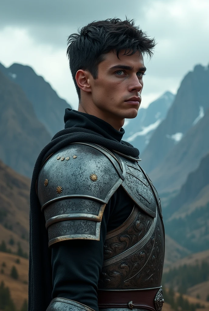 (photorealism:1.2), handsome and masculine boy, black hair, with blue-grey eyes, tall and athletic, with armor, strong and serious countenance