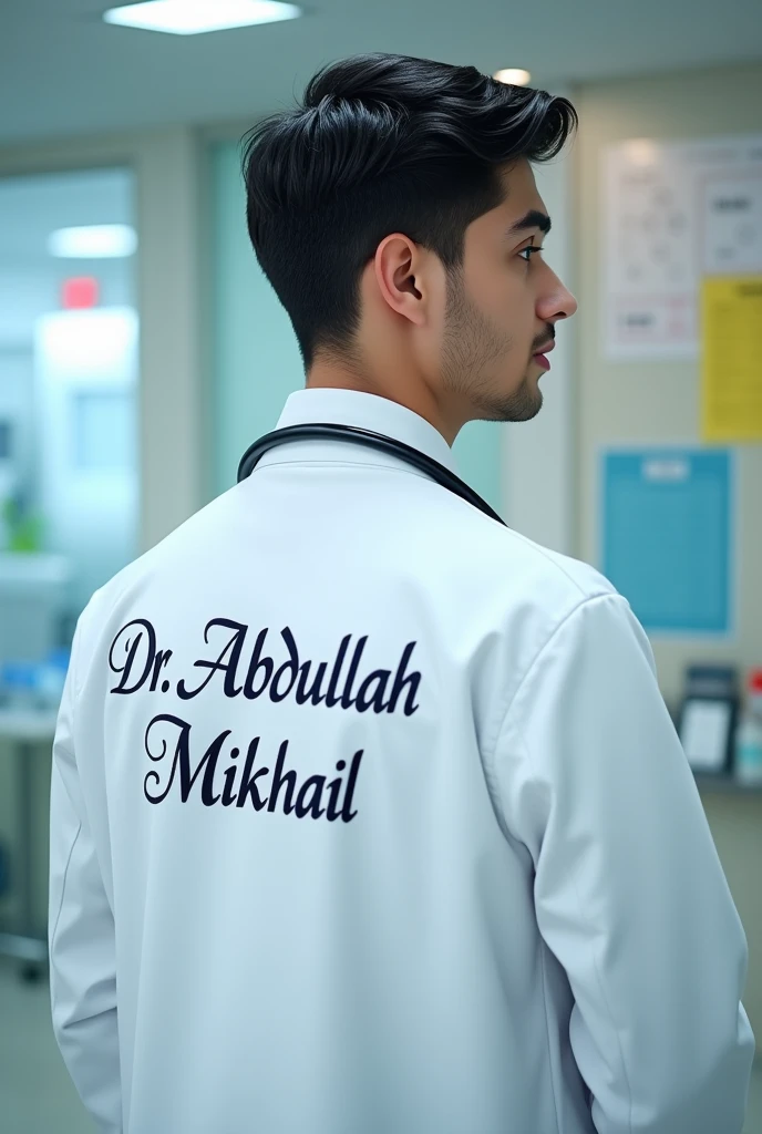 A young Doctor wearing a white coat written "Dr.Abdullah Miakhail". Clear and perfectly on its back