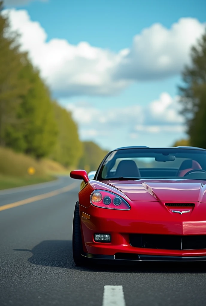 A car in the center of the image with a low tire with a road in the background 