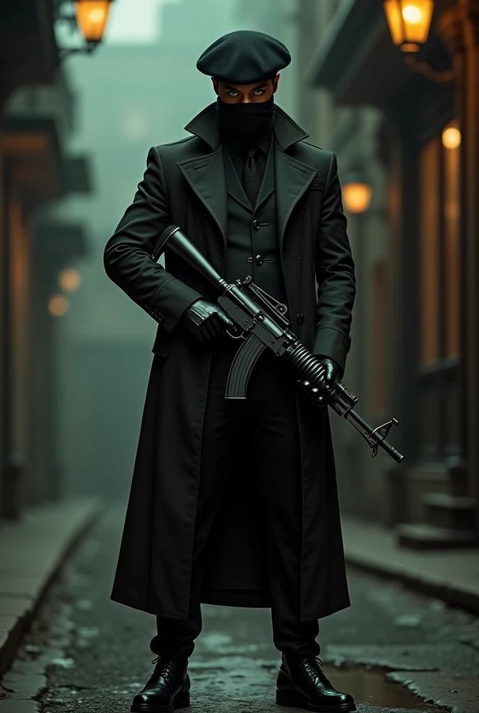 A man with a beret, green eyes, a scarf covering his face, a tuxedo, a trench coat over the tuxedo, boots with metal tips, leather gloves, all black, and a Thompson submachine gun with a drum magazine in his hand.