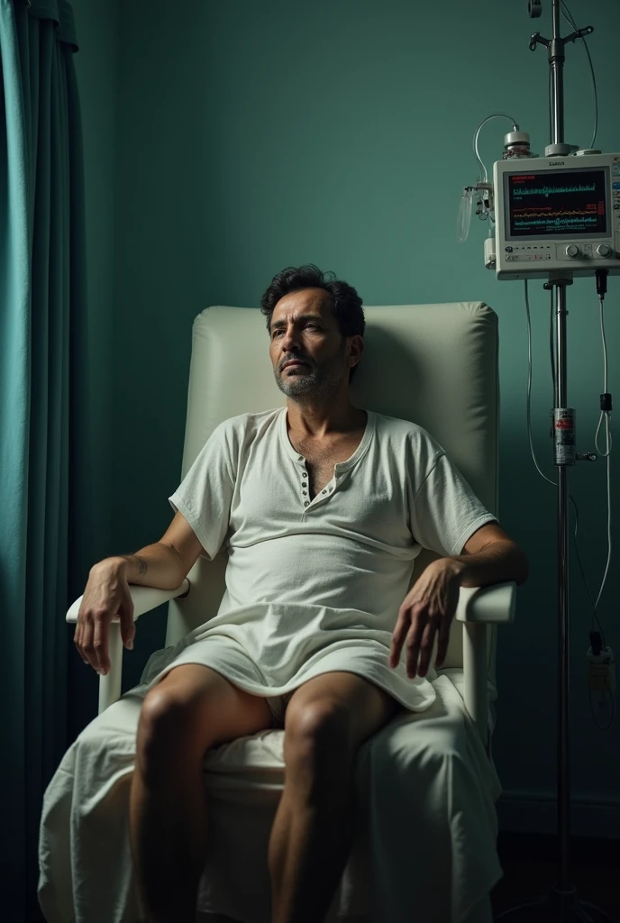 Create an image of Rogério, a visibly sick man, sitting in a hospital chair. He has a dejected appearance, with fever and sweat on his forehead. His face is pale and he wears simple hospital clothes. Around her, there is medical equipment like a heart monitor and an intravenous drip. The environment is clinical and dark, reflecting the severity of his health condition.